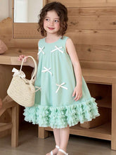 Young Girl Ramadan Green & White Bow Embellished Button-Up Round Neck Layered Mesh Comfortable Elegant Princess Dress